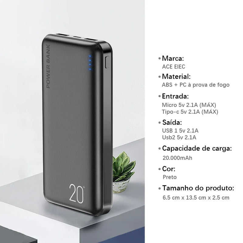 Carregador portátil P2W 20000mAh, LED light power bank de porta dupla de ultra-alta capacidade